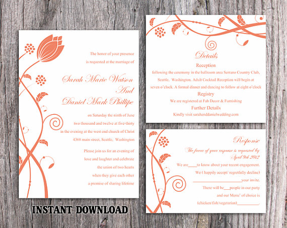زفاف - DIY Wedding Invitation Template Set Editable Word File Instant Download Printable Orange Wedding Invitation Elegant Flower Invitation