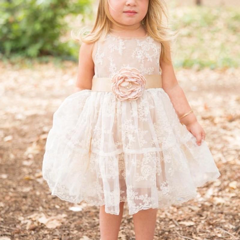 Mariage - Short Lace Flower Girl Dress with Champagne Sash Flower Jewel Neck Sleevelss