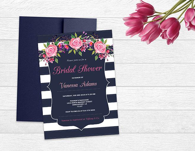 Hochzeit - Navy Bridal Shower Invitation - Navy Stripe Invitation - Floral Shower Invite - Bridal Shower Invitation - Bridal Shower Invite