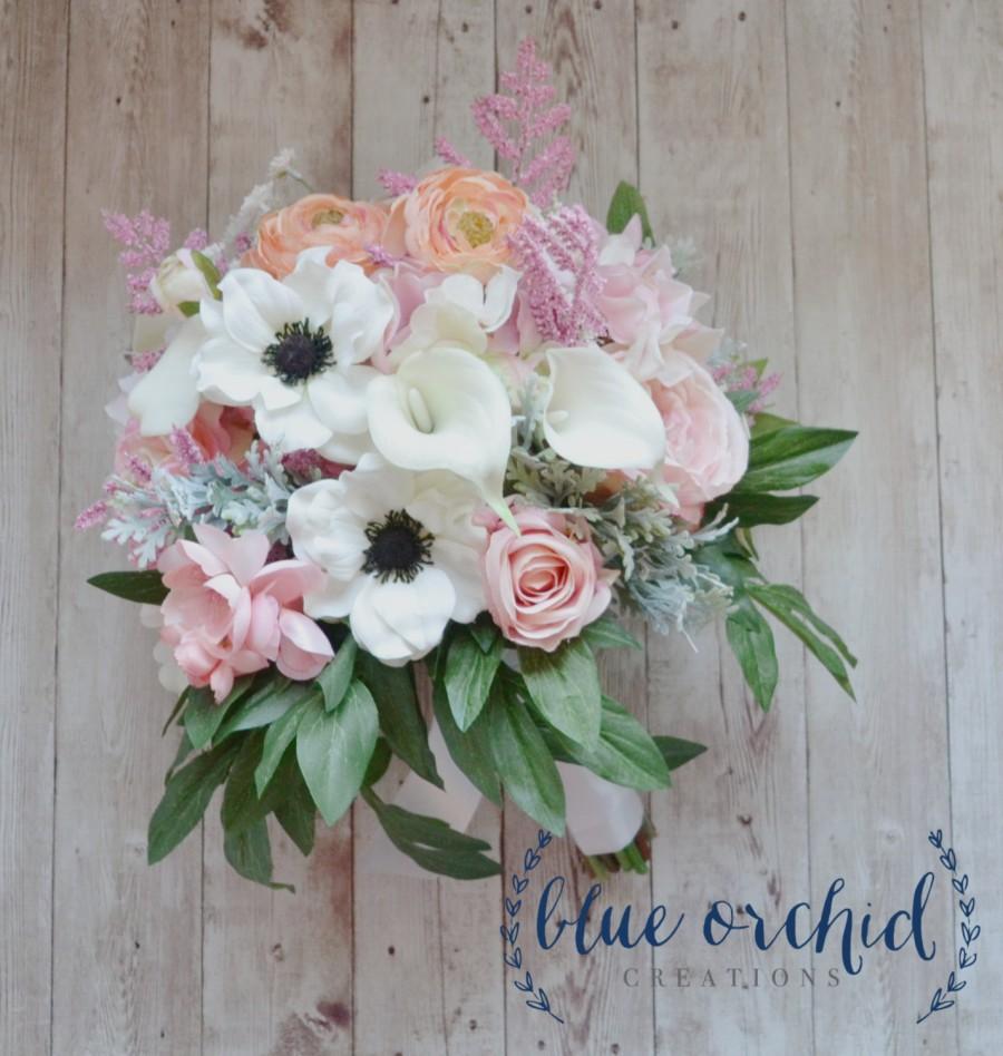Hochzeit - Cream Pink and Blush Peony Bouquet with Anemones Ranunculus and Callas, Garden Bouquet, Large Silk Wedding Bouquet