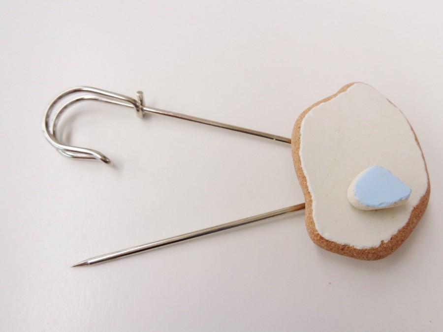 Wedding - Modern minimalistic genuine upcycled beach pottery brooch shawl pin, surfer sea tumbled pottery jewelry, white and blue beach nautical
