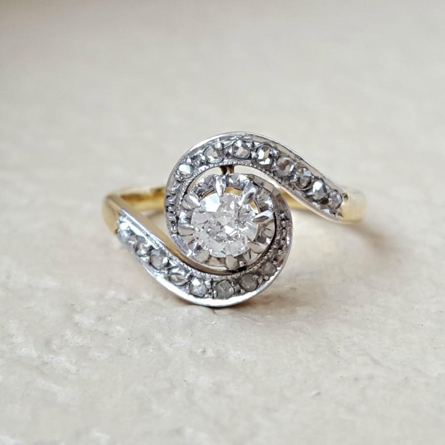 زفاف - Antique Edwardian Art Nouveau Old European Diamond Engagement Ring in 18K Gold and Platinum