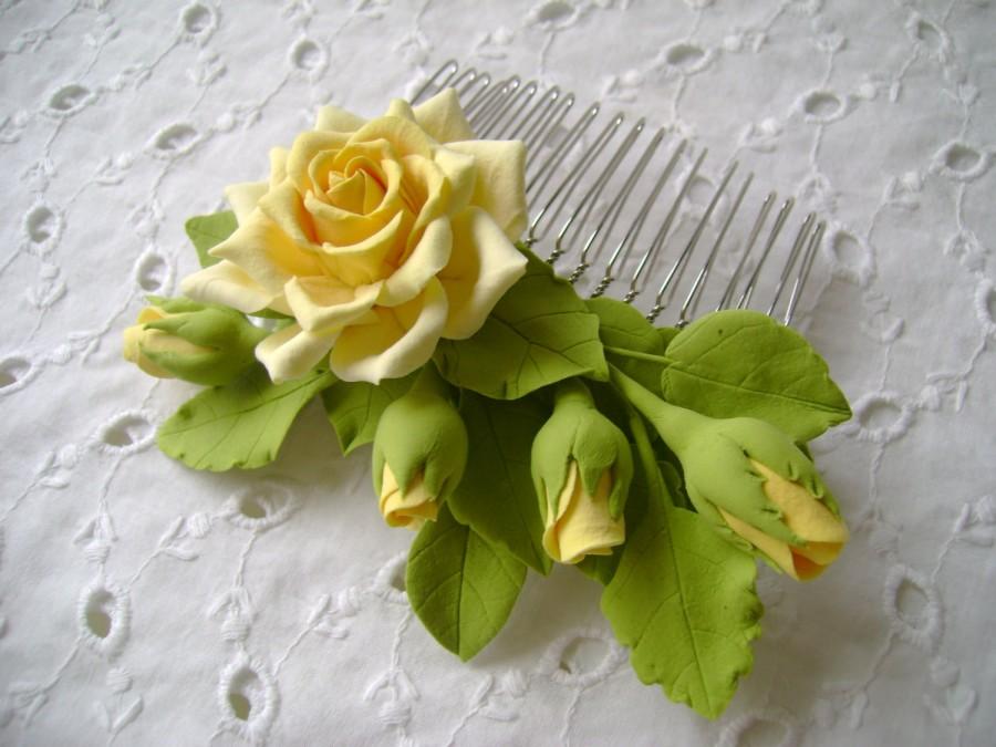 زفاف - Hair comb polymer clay flowers. Yellow rose with buds.