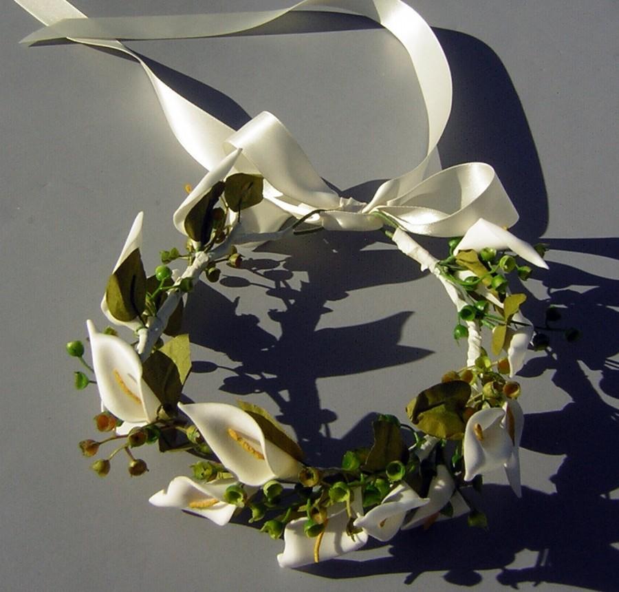 زفاف - Bride Bridal Crown Head Piece - Woodland Theme Elegant Calla Lily Circlet Wreath Made with Love