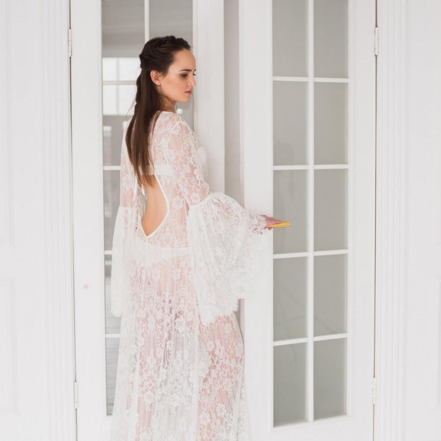 زفاف - Long Lace Bridal Nightgown With Open Back F17, Bridal Lingerie, Wedding Lingerie, Honeymoon, Sleepwear, Christmas Gifts, For Her, For Woman