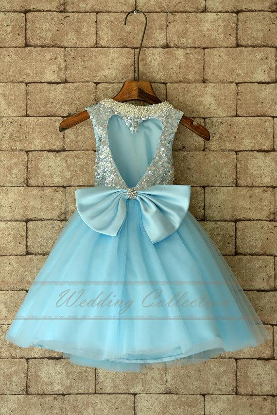 Wedding - Tulle Flower Girls Dress With Sequin Top, Blue Color Birthday Party Dress with Pearl Neckline