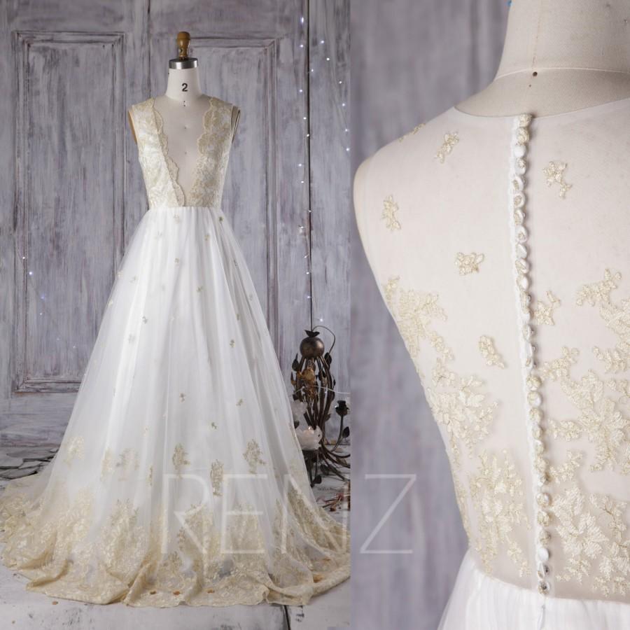 Hochzeit - 2016 Off White Mesh Bridesmaid Dress with Train, Deep V Neck Wedding Dress, Gold Lace Bride Dress, Button Back Prom Dress Full Length(LW191)