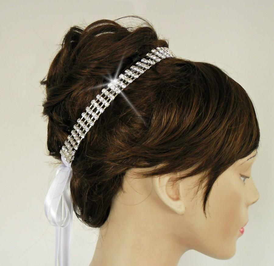 Свадьба - Bridal Rhinestoned Headband with Four Strands. White Wedding Head Piece. Handmade