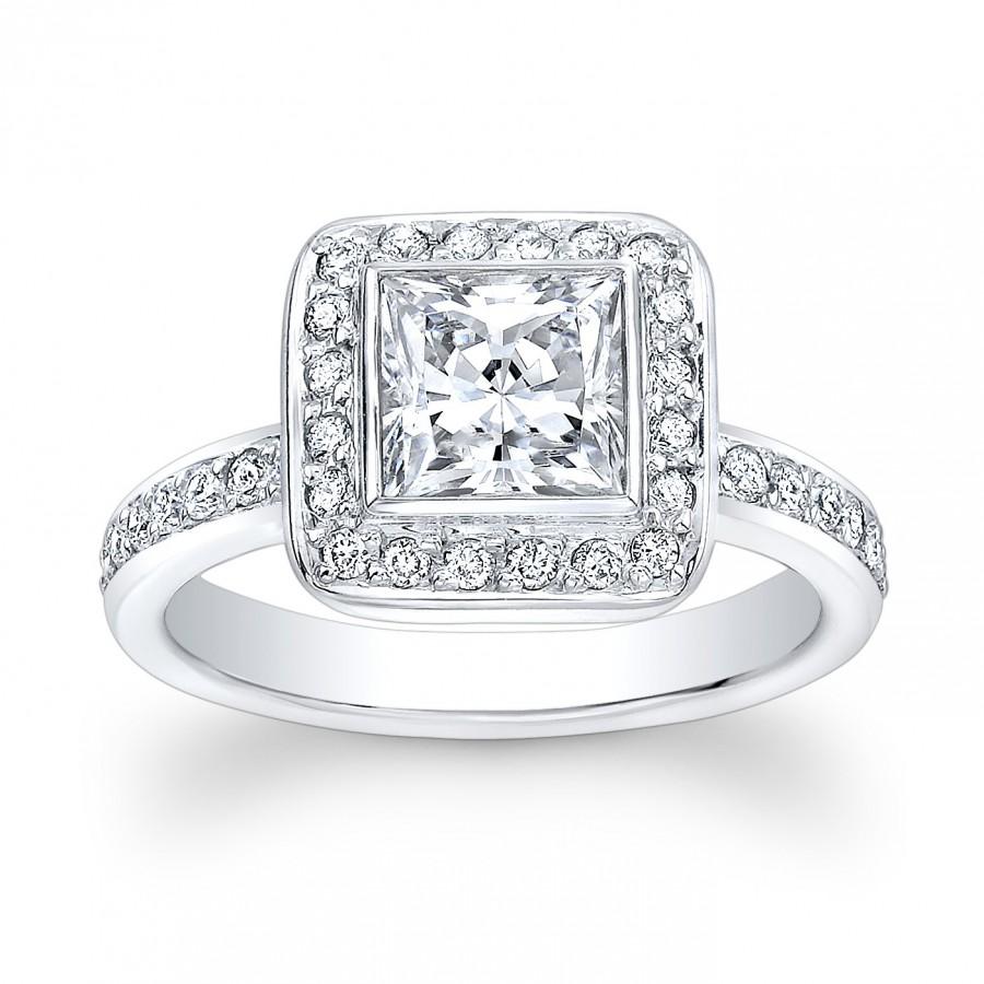 Hochzeit - Ladies 14kt white gold vintage engagement ring with 1ct Princess Cut White Sapphire Center and 0.50 ctw G-VS2 pave diamonds