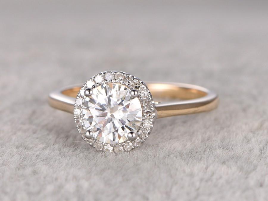 Hochzeit - 1ct brilliant Moissanite Engagement ring Two Tone Plain gold(14k yellow +white gold),Diamond wedding band,Halo Round Stone