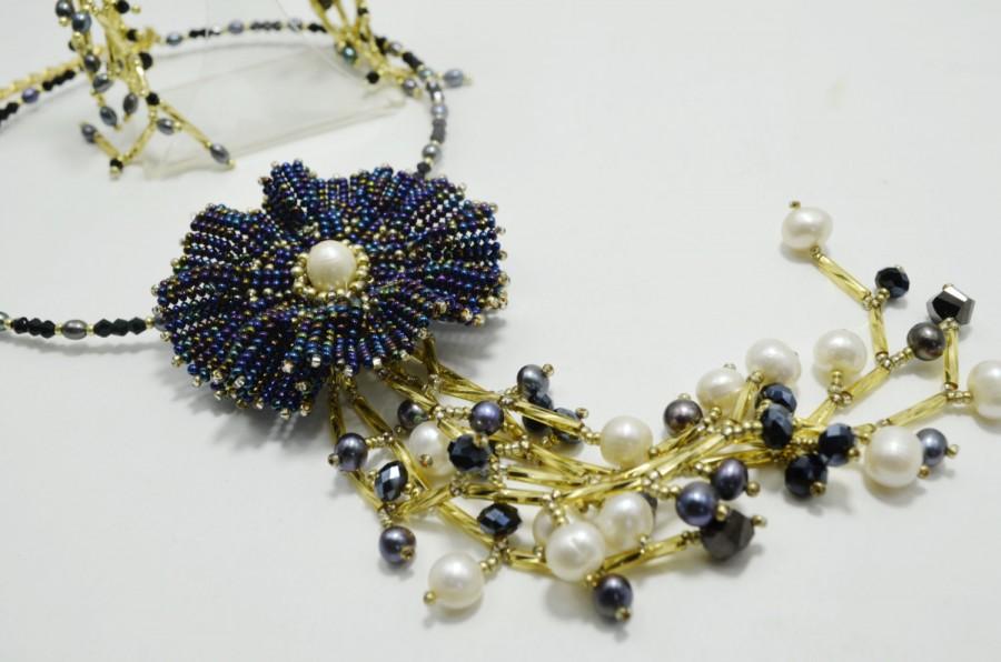 Wedding - Dark Blue and Gold Jewelry Statement Flower Choker Transformer, Beaded Choker and Floral Pendant Brooch, Seed Bead Holiday Necklace