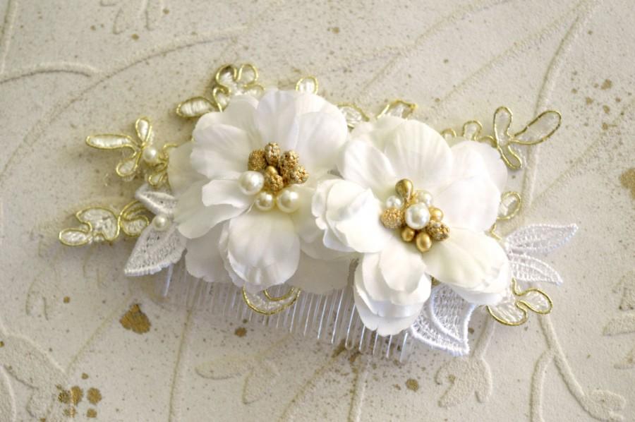 Wedding - Gold wedding comb, Gold bridal comb, Bridal headpiece, Wedding hair comb, Wedding hair piece, Lace hair comb, Flower hair comb, Gold lace