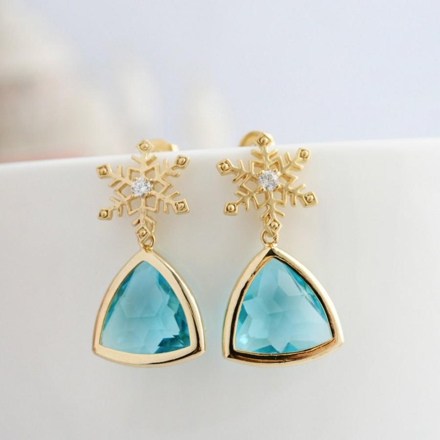 Hochzeit - Snowflake Earrings Blue Stone Earrings Blue Crystal Earrings Christmas gift Triangle Earrings Christmas Jewelry Winter Gifts under 30 hjp