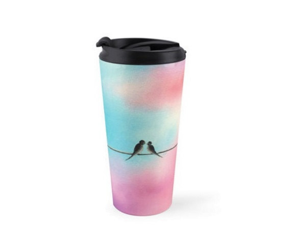 زفاف - Love Birds 15oz Stainless Steel Travel Mug, Pink Travel Coffee Cup, Coffee Tumbler, Pastel Birds on a Wire Water Bottle, Cute Coffee Cup