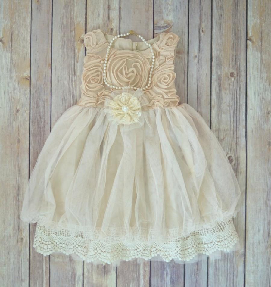 Hochzeit - Beige Ivory Lace Flower Girl Dress