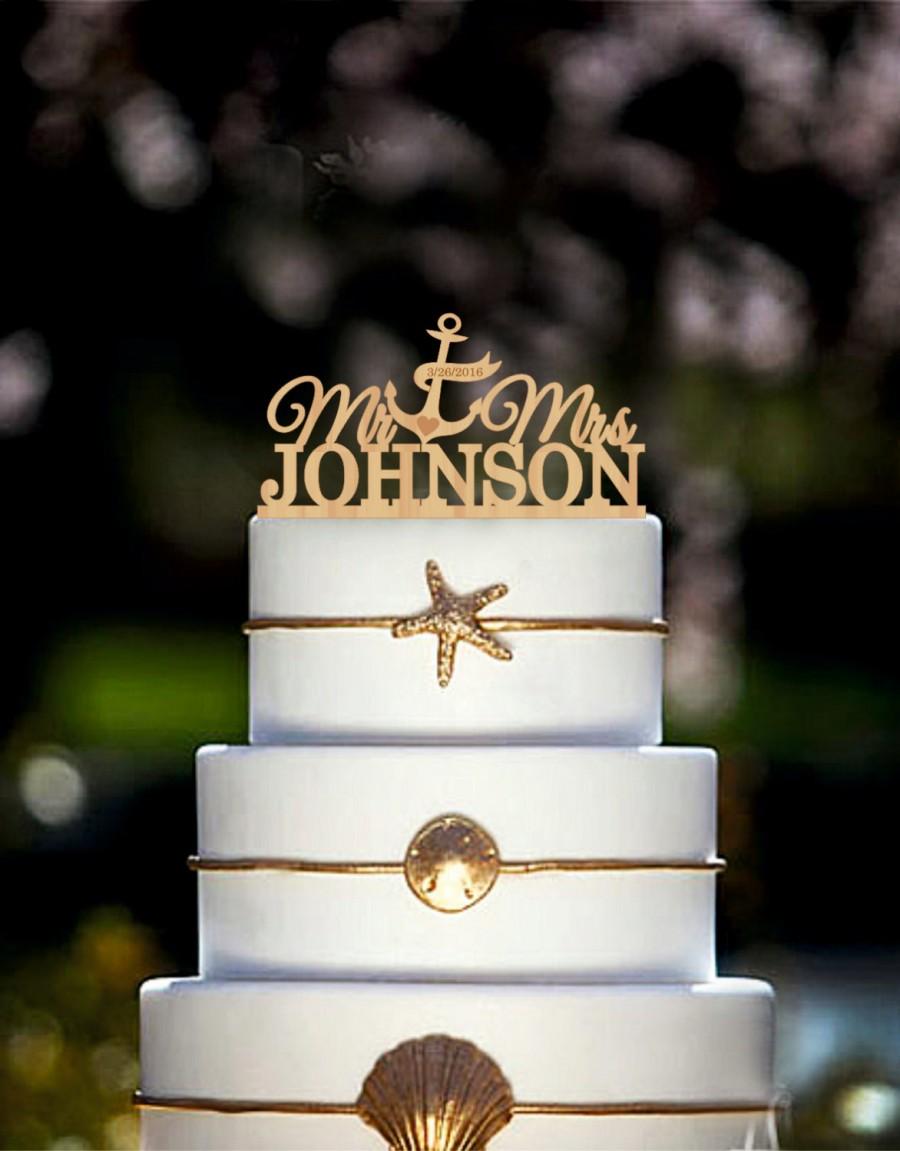 زفاف - Mr Mrs Wedding Cake Topper with Anchor Personalized Last Name Cake Topper Beach Cake Topper