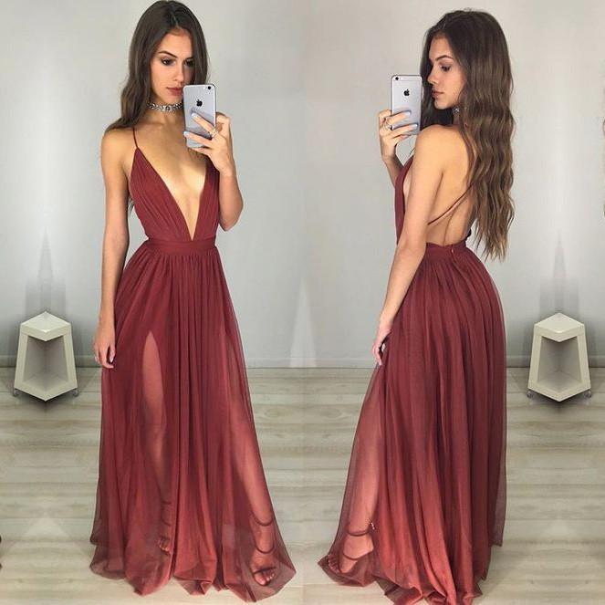 Mariage - Sexy Maroon Prom Dress - Deep V-neck Long Ruched Backless