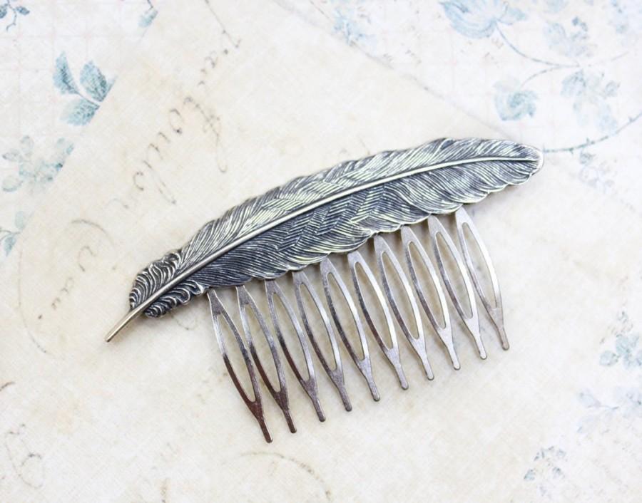 Mariage - Feather Comb Grey Antique Silver Bird Wing Large Feather Woodland Wedding Bridal Hair Accessories Metal Hair Comb Autumn Winter Fashion