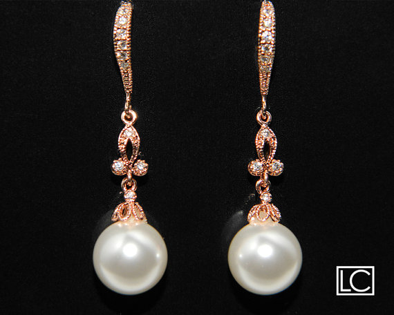 Mariage - White Pearl Rose Gold Wedding Earrings Swarovski 10mm Pearl Drop CZ Rose Gold Earrings Bridal Rose Gold Dangle Earrings Bridesmaids Jewelry