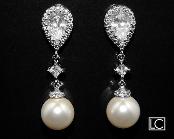 Wedding - Bridal White Pearl Earrings Wedding Pearl CZ Earrings Swarovski 10mm Pearl Silver Earrings White Pearl Drop Earring Pearl Bridesmaid Jewelry