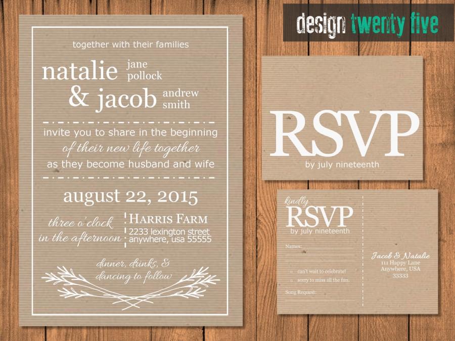 Wedding - Rustic Wedding Invitation Suite // Invitation & RSVP Card // Kraft Paper Wedding Invitation // // PRINTABLE