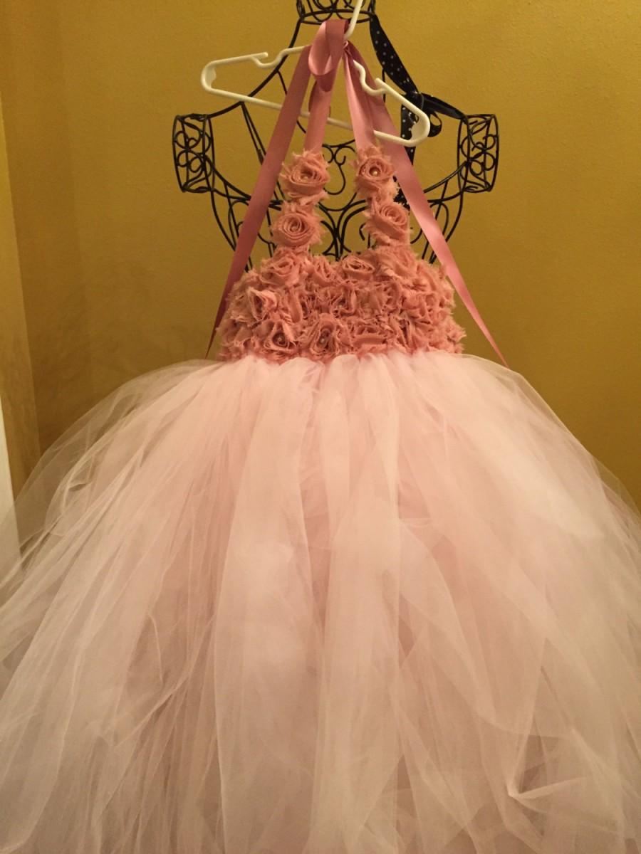 زفاف - Tulle flower girl dress, Handmade custom, fully lined bodice, mauve-pink rosettes with pearls, 9m-girls 14 "The Ellasyn" DixieBellesandBeaus