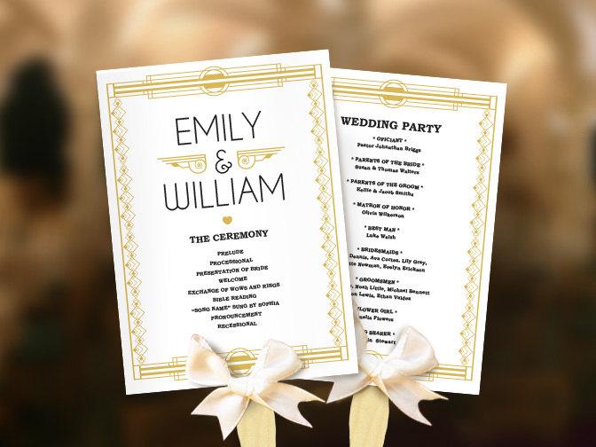 Wedding - Wedding fans Great Gatsby program template DIY. Roaring twenties fan program. Art deco program. Old Hollywood. Gatsby editable pdf template.