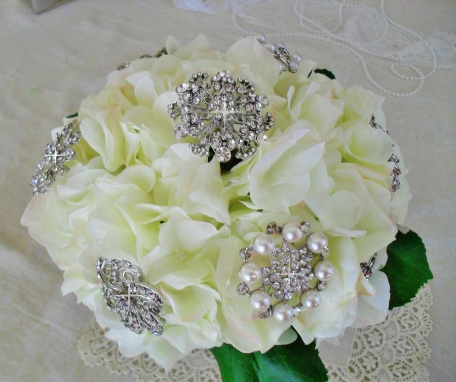 Wedding - Bridal Brooch Bouquet With Vintage and New Brooches For Bride or Wedding Decor Hydrangeas