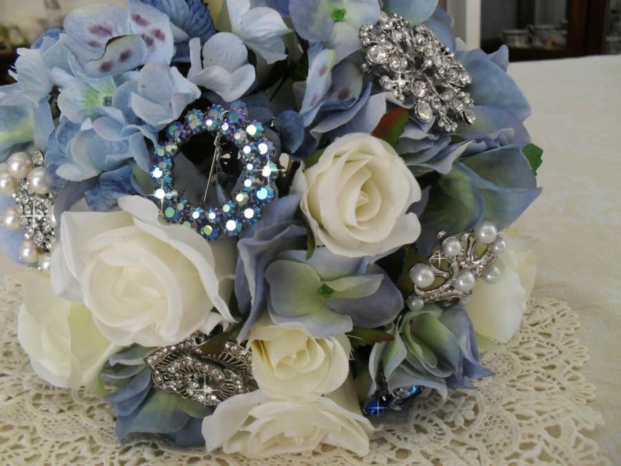 Wedding - Wedding Brooch Bouquet Blue Hydrangea Vintage and New Jewelry,For Bride or Wedding Decor