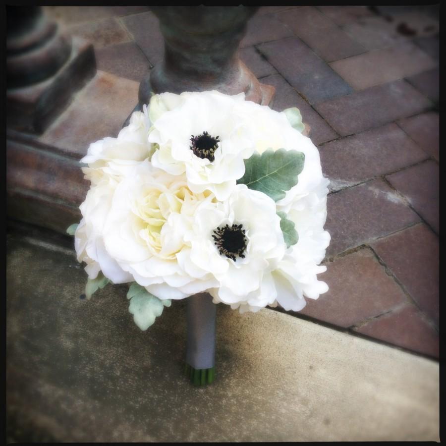 Wedding - Gray, Cream, Black & White Silk Wedding Bouquet with Roses, Peonies, Anemones and Dusty Miller