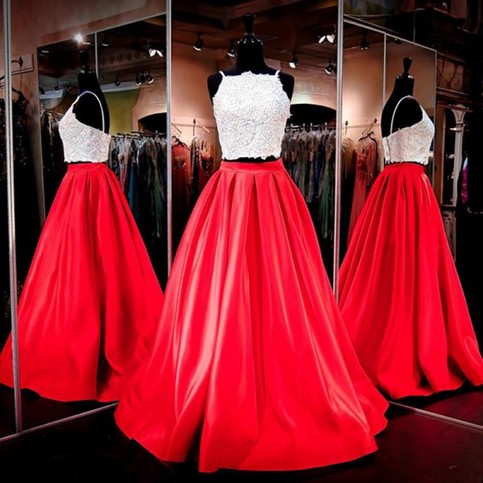 Wedding - Gorgeous Two-piece Square Neck Red Floor-Length Prom Dress with Lace from Tidetell