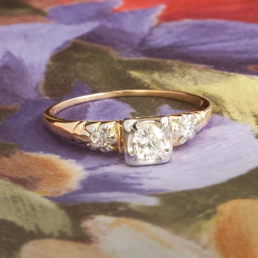 Hochzeit - Vintage Retro 1940's Old Transitional Cut Diamond Two Tone Engagement Wedding Anniversary Ring 14k 18k Gold