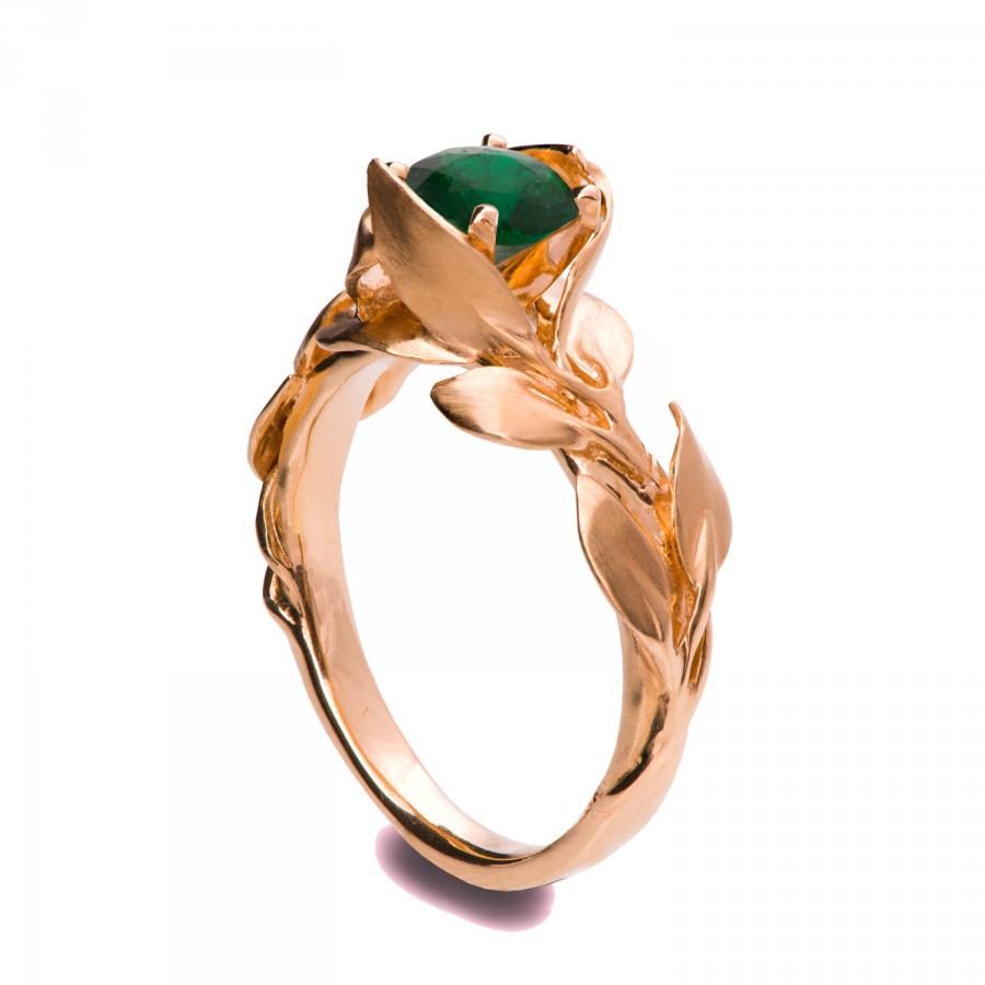زفاف - Leaves Engagement Ring No.7 - 18K Rose Gold and Emerald engagement ring, unique engagement ring, May Birthstone, art nouveau, vintage