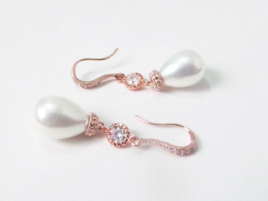 Mariage - rose gold pearl earrings, rose gold bridal earrings, rose gold earrings, rose gold wedding earrings, rose gold pearl earings,