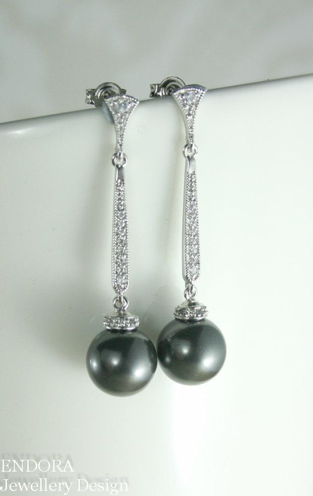 Mariage - black pearl earrings,long pearl earrings,bridal earrings,black pearl drop earrings,10mm black pearl earrings,pearl and crystal earrings,