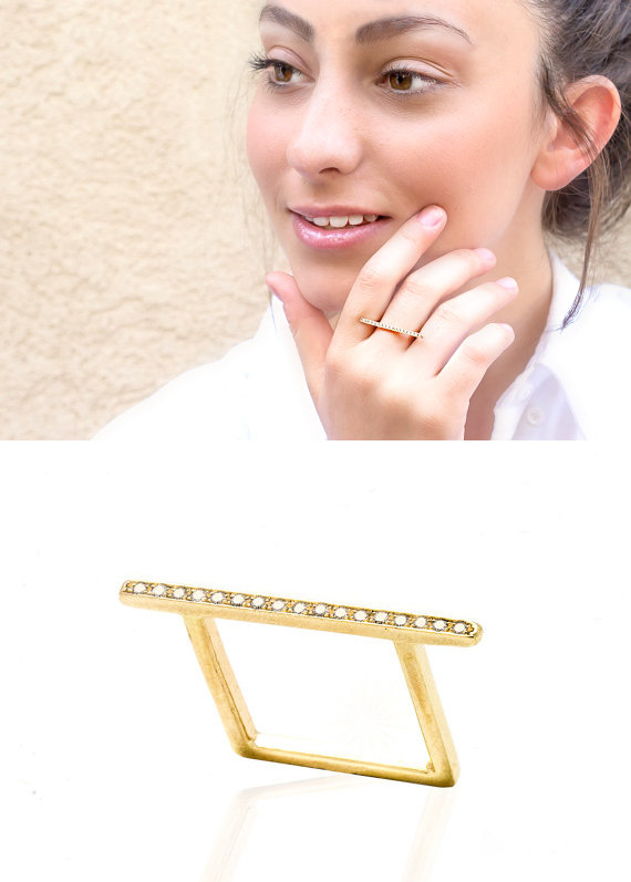 زفاف - Square band ring made of 14k gold and diamonds - Wedding band ring - Engagement ring