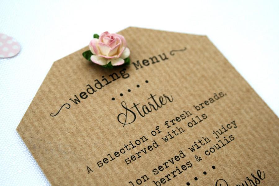 زفاف - Rustic Paper Rose Wedding Menu - Ribbed Kraft, Shabby Chic