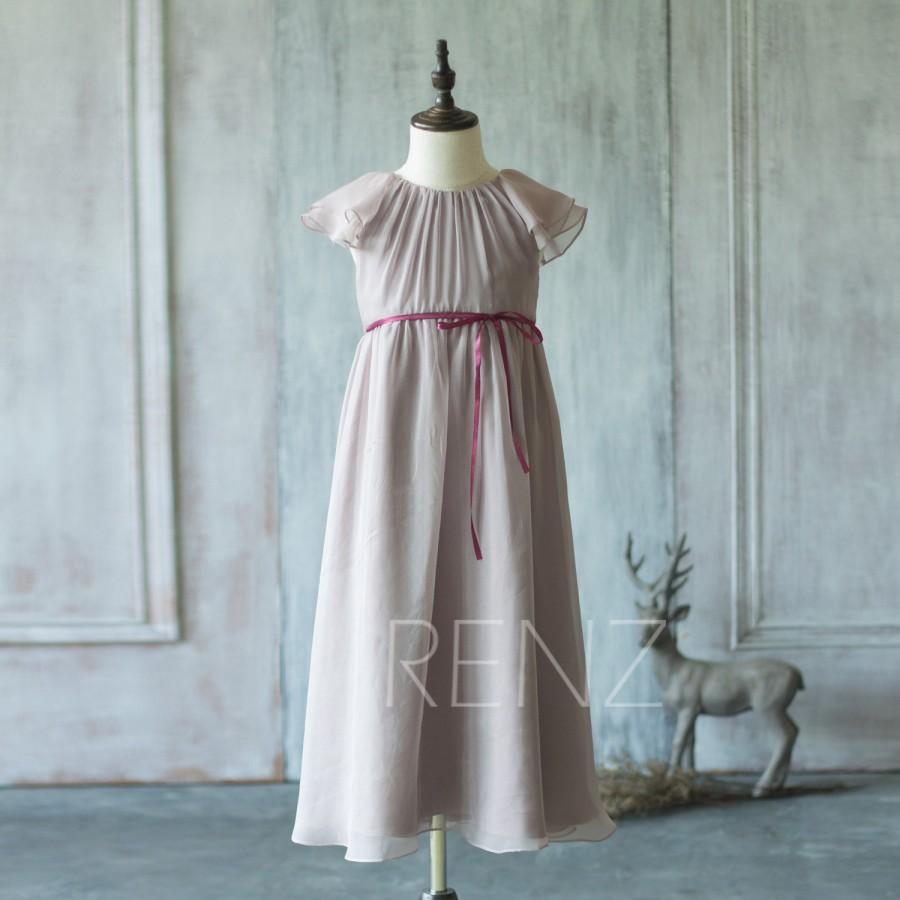 زفاف - 2016 Rose Gray Junior Bridesmaid Dress, Ruffle Sleeve Flower Girl Dress, Wine Belt Floor length (LK063C)