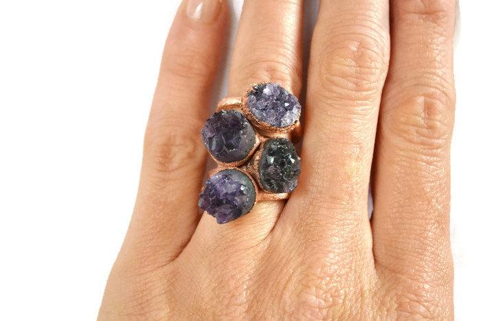 Wedding - Amethyst Druzy Gemstone Ring- Cocktail Ring, Statement Ring, Mineral Ring, Stone, Stackable Ring, Handmade Engagement Ring, Natural Crystal