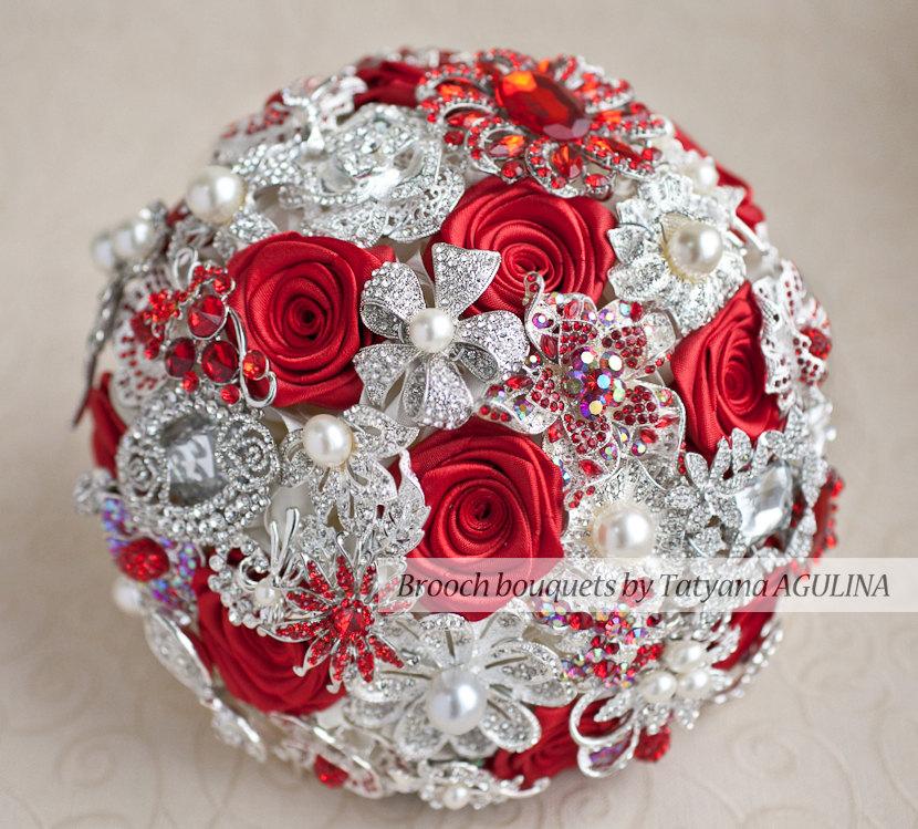 Wedding - Brooch bouquet. Ivory and Red wedding brooch bouquet, Jeweled Bouquet. Quinceanera keepsake bouquet