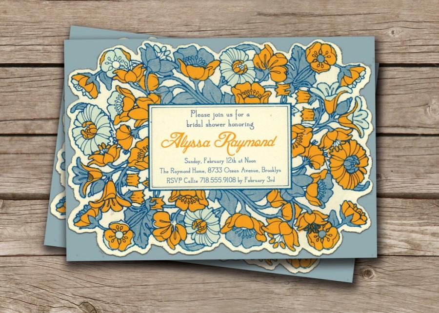 Wedding - Vintage Watercolor Flowers Bridal Shower Invitation 5x7 Golden Yellow Blue Floral Frame FREE PRIORITY SHIPPING or DiY Printable- Alyssa