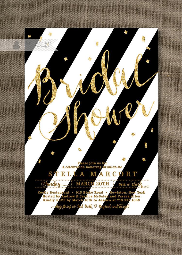 Mariage - Black & Gold Bridal Shower Invitation Stripe Glitter Metallic Sparkly Glam Modern FREE PRIORITY SHIPPING or DiY Printable - Stella