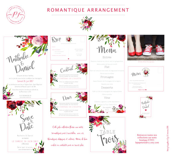 Mariage - Wedding stationery set to print - pdf - Save the date, Invitation, rsvp, table numbers, menu-thanks - ROMANTIC ARRANGEMENT