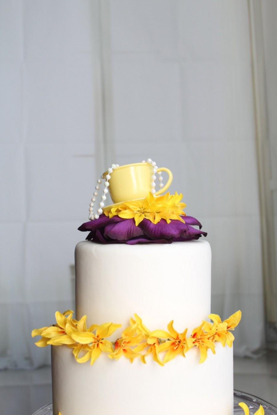 Mariage - Teacup Party Cake Topper (Yellow & Purple), Tea Party, Wonderland, Flower, Pearl, OverTheTopCakeTopper