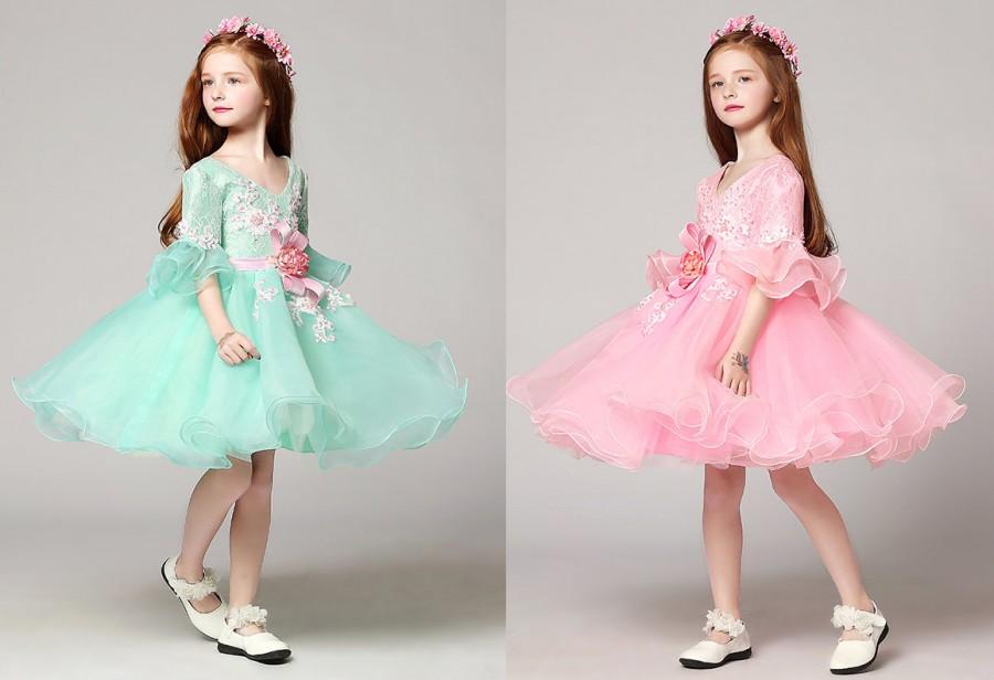 Свадьба - Green /Pink Flower short sleeve Girl Dress Flower Girl Dress Fully Lined Pegeant Drees Girl Dress