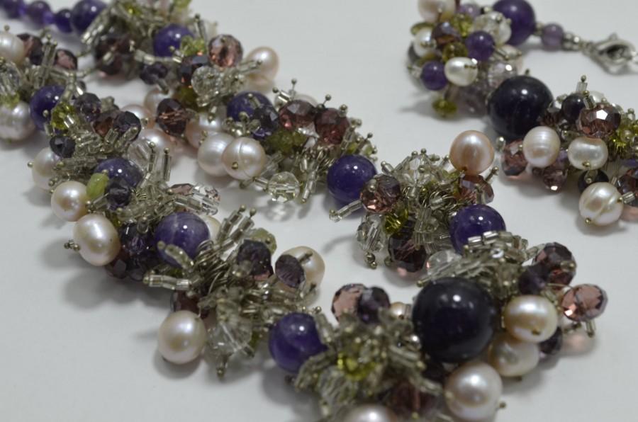 زفاف - Multicolour Gemstone Statement Wirework Jewelry Set; Fashion Ametist, Perl, Chrysolite Holiday Beaded Necklace and a Bracelet; Gift for Her