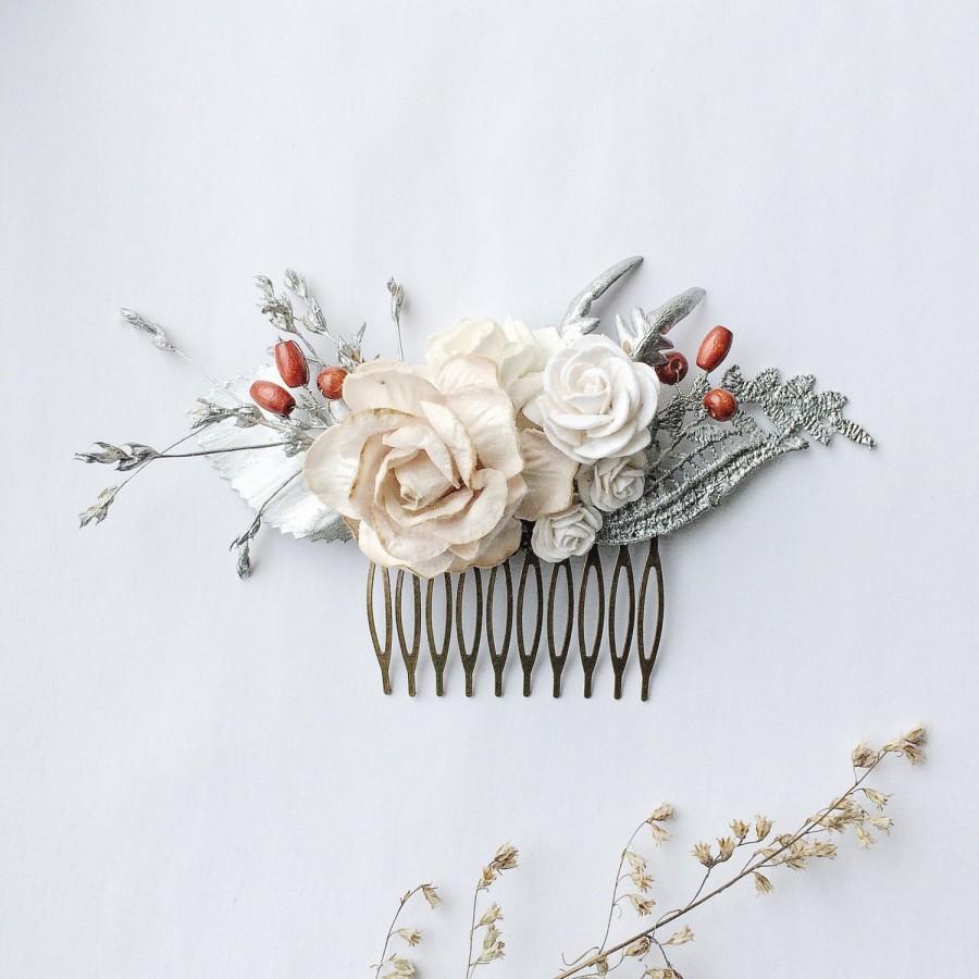 Свадьба - Bridal Hair Accessory- Floral Bridal Comb-Floral Beige Bridal Hairpiece-Bridal Hairpiece-Silver leaf bridal comb- Leaf Comb - Wedding comb