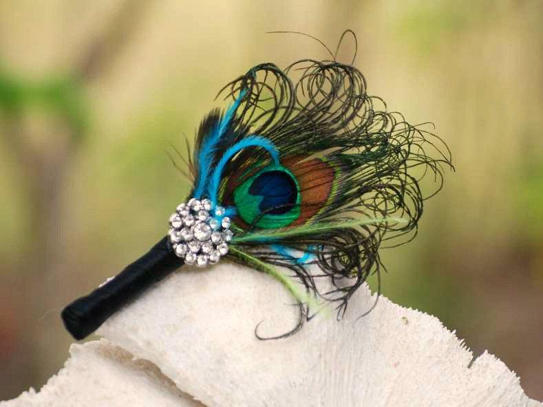 Hochzeit - Wedding Boutonniere Peacock & Rhinestone Crystal. Spring Lime Green Turquoise, Ivory / White / Black Ribbon. Sophisticated Groom Groomsmen