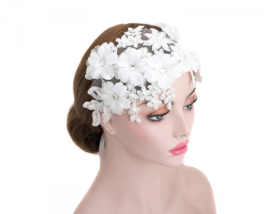Hochzeit - Wedding Bridal Organza Floral Forehead Headpiece, Bridal Pearls Hair Wrap Headband, Vintage Boho Floral Headband
