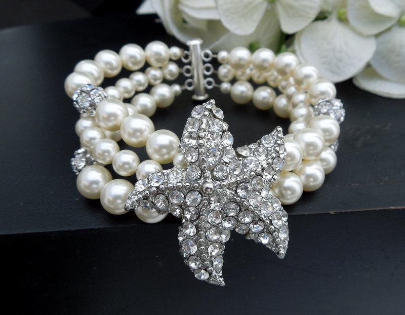 Mariage - Bridal Bracelet,Pearl Bracelet,Ivory or White Pearls,Starfish Rhinestone Bracelet,Beach Wedding,Statement Bracelet,Bridal Cuff,Pearl,ARIEL